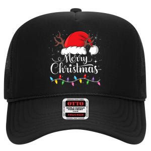 Merry Christmas Red Santa Hat Reindeer Xmas Family High Crown Mesh Back Trucker Hat