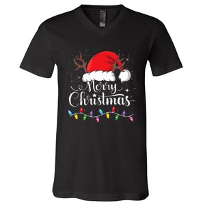 Merry Christmas Red Santa Hat Reindeer Xmas Family V-Neck T-Shirt