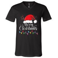 Merry Christmas Red Santa Hat Reindeer Xmas Family V-Neck T-Shirt