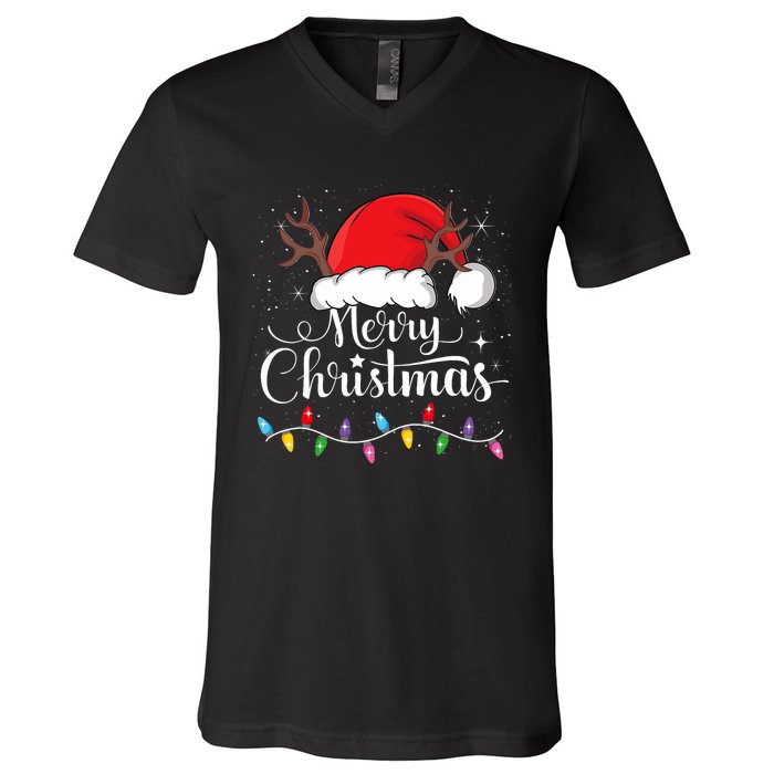 Merry Christmas Red Santa Hat Reindeer Xmas Family V-Neck T-Shirt