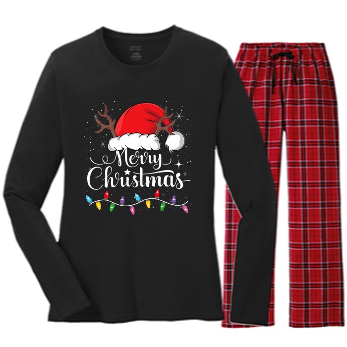 Merry Christmas Red Santa Hat Reindeer Xmas Family Women's Long Sleeve Flannel Pajama Set 