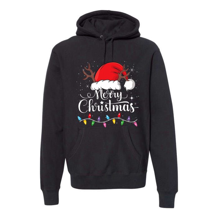 Merry Christmas Red Santa Hat Reindeer Xmas Family Premium Hoodie