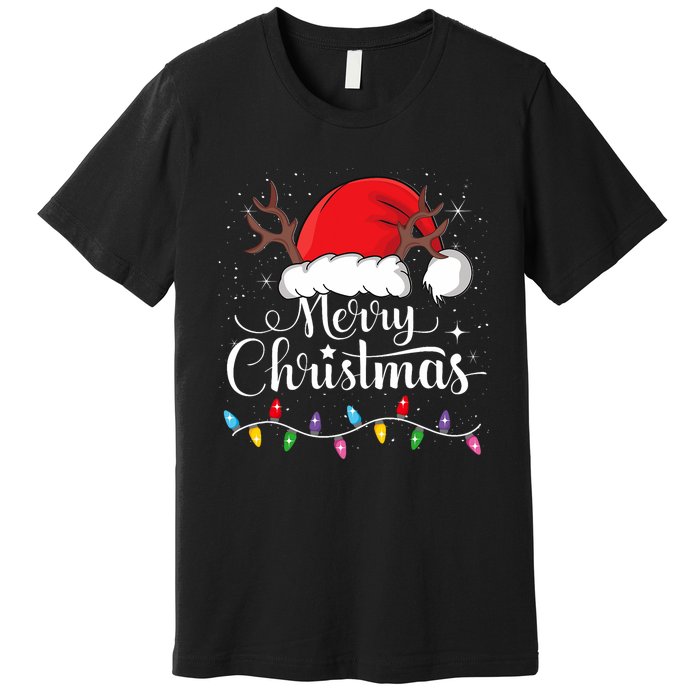 Merry Christmas Red Santa Hat Reindeer Xmas Family Premium T-Shirt