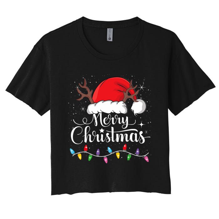 Merry Christmas Red Santa Hat Reindeer Xmas Family Women's Crop Top Tee