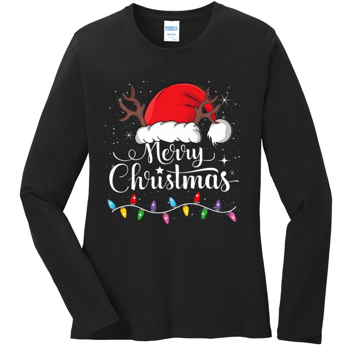 Merry Christmas Red Santa Hat Reindeer Xmas Family Ladies Long Sleeve Shirt