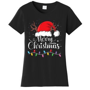 Merry Christmas Red Santa Hat Reindeer Xmas Family Women's T-Shirt