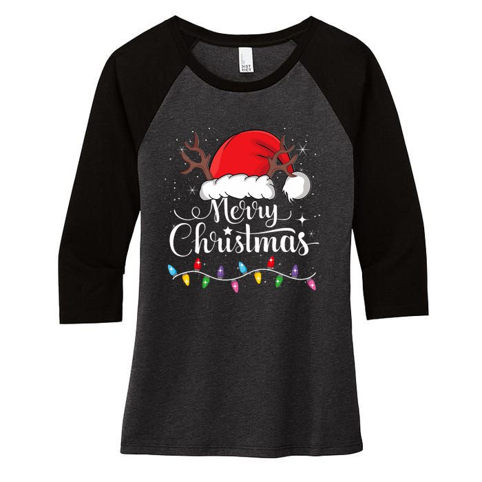 Merry Christmas Red Santa Hat Reindeer Xmas Family Women's Tri-Blend 3/4-Sleeve Raglan Shirt