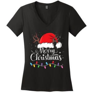 Merry Christmas Red Santa Hat Reindeer Xmas Family Women's V-Neck T-Shirt