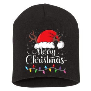 Merry Christmas Red Santa Hat Reindeer Xmas Family Short Acrylic Beanie