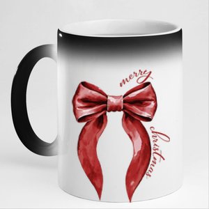 Merry Christmas Red Coquette Bow Merry And Bright 11oz Black Color Changing Mug