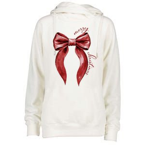 Merry Christmas Red Coquette Bow Merry And Bright Womens Funnel Neck Pullover Hood