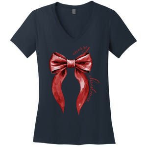 Merry Christmas Red Coquette Bow Merry And Bright Women's V-Neck T-Shirt