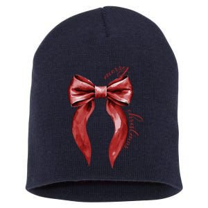 Merry Christmas Red Coquette Bow Merry And Bright Short Acrylic Beanie