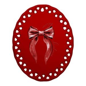 Merry Christmas Red Coquette Bow Merry And Bright Ceramic Oval Ornament