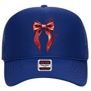 Merry Christmas Red Coquette Bow Merry And Bright High Crown Mesh Back Trucker Hat