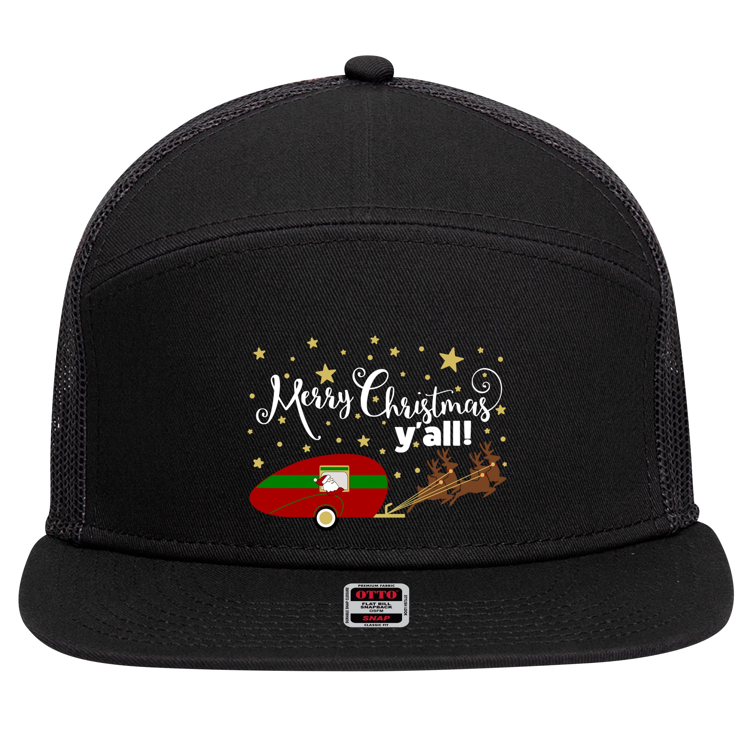 Merry Christmas Santa's Sleigh 7 Panel Mesh Trucker Snapback Hat