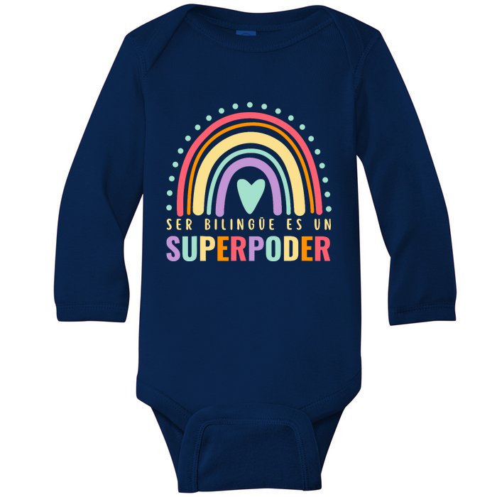 Maestra Cute Spanish Teacher Bilingue Es Un Superpoder Retro Baby Long Sleeve Bodysuit