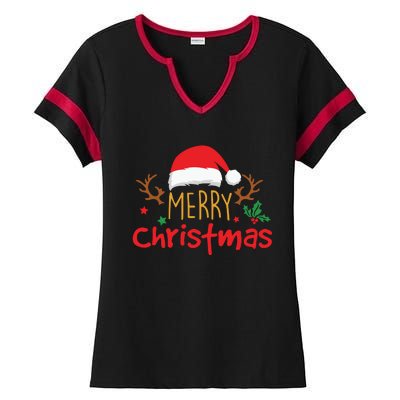 Merry Christmas Santa Hat Reindeer Funny Xmas Gift Ladies Halftime Notch Neck Tee