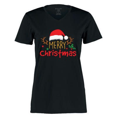 Merry Christmas Santa Hat Reindeer Funny Xmas Gift Women's Momentum V-Neck T-Shirt