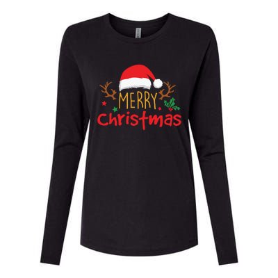 Merry Christmas Santa Hat Reindeer Funny Xmas Gift Womens Cotton Relaxed Long Sleeve T-Shirt