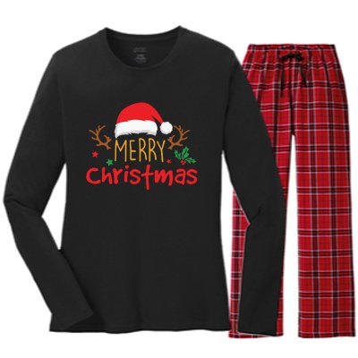 Merry Christmas Santa Hat Reindeer Funny Xmas Gift Women's Long Sleeve Flannel Pajama Set 