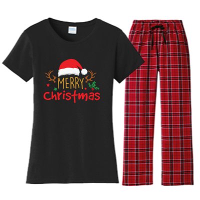 Merry Christmas Santa Hat Reindeer Funny Xmas Gift Women's Flannel Pajama Set