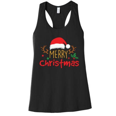 Merry Christmas Santa Hat Reindeer Funny Xmas Gift Women's Racerback Tank