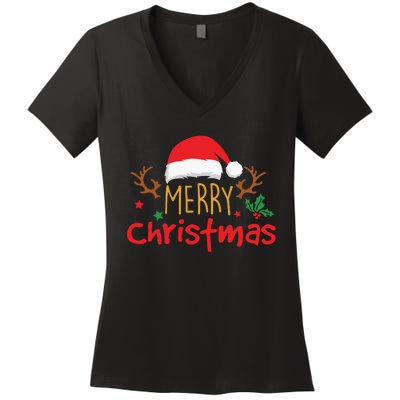 Merry Christmas Santa Hat Reindeer Funny Xmas Gift Women's V-Neck T-Shirt