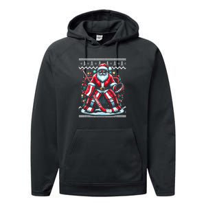 Merry Christmas Santa Hockey Goalie Ugly Christmas Sweater Performance Fleece Hoodie