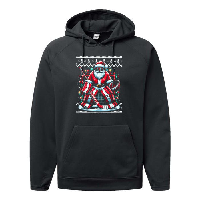 Merry Christmas Santa Hockey Goalie Ugly Christmas Sweater Performance Fleece Hoodie