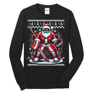 Merry Christmas Santa Hockey Goalie Ugly Christmas Sweater Tall Long Sleeve T-Shirt