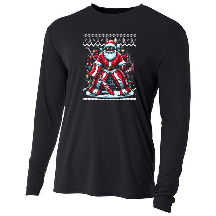 Merry Christmas Santa Hockey Goalie Ugly Christmas Sweater Cooling Performance Long Sleeve Crew