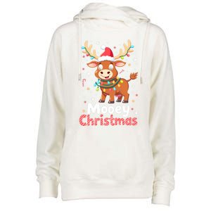 Mooey Christmas Santa Farmer Merry Highland Cow Christmas Gift Womens Funnel Neck Pullover Hood