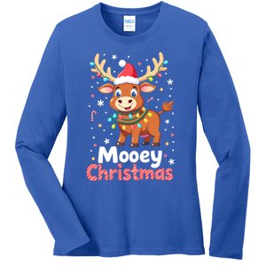 Mooey Christmas Santa Farmer Merry Highland Cow Christmas Gift Ladies Long Sleeve Shirt