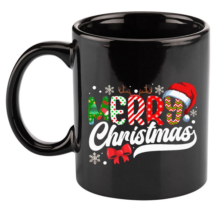 Merry Christmas Santa Hat Plaid Pattern 11oz C Handle Ceramic Mug