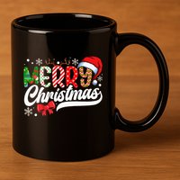 Merry Christmas Santa Hat Plaid Pattern 11oz C Handle Ceramic Mug