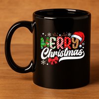 Merry Christmas Santa Hat Plaid Pattern 11oz C Handle Ceramic Mug