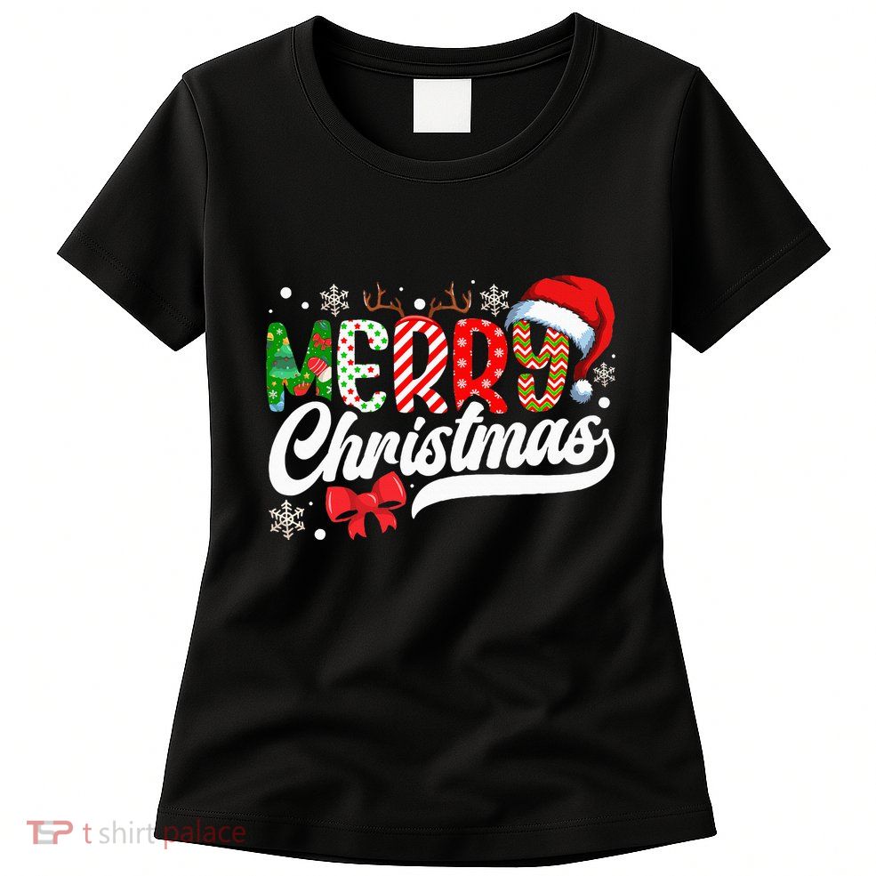 Merry Christmas Santa Hat Plaid Pattern Womens T-Shirt