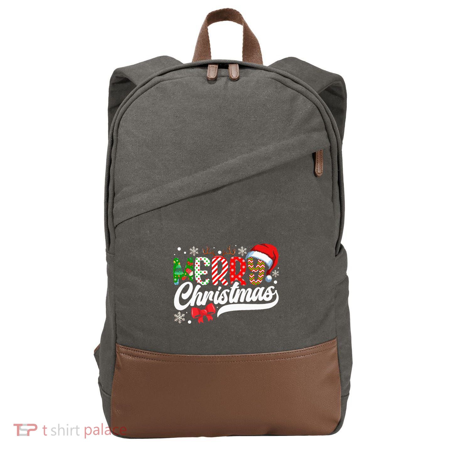 Merry Christmas Santa Hat Plaid Pattern Cotton Canvas Backpack