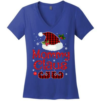 Mommy Claus Santa Hat Red Plaid Buffalo Christmas Pajama Gift Women's V-Neck T-Shirt