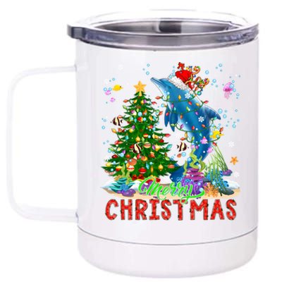 Merry Christmas Santa Reindeer Dolphin Xmas Tree Lights Funny Gift 12 oz Stainless Steel Tumbler Cup