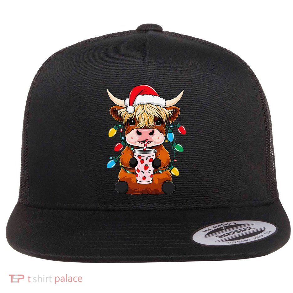 Merry Christmas Scottish Highland Cow Santa Hat Xmas Farm Flatbill Hat