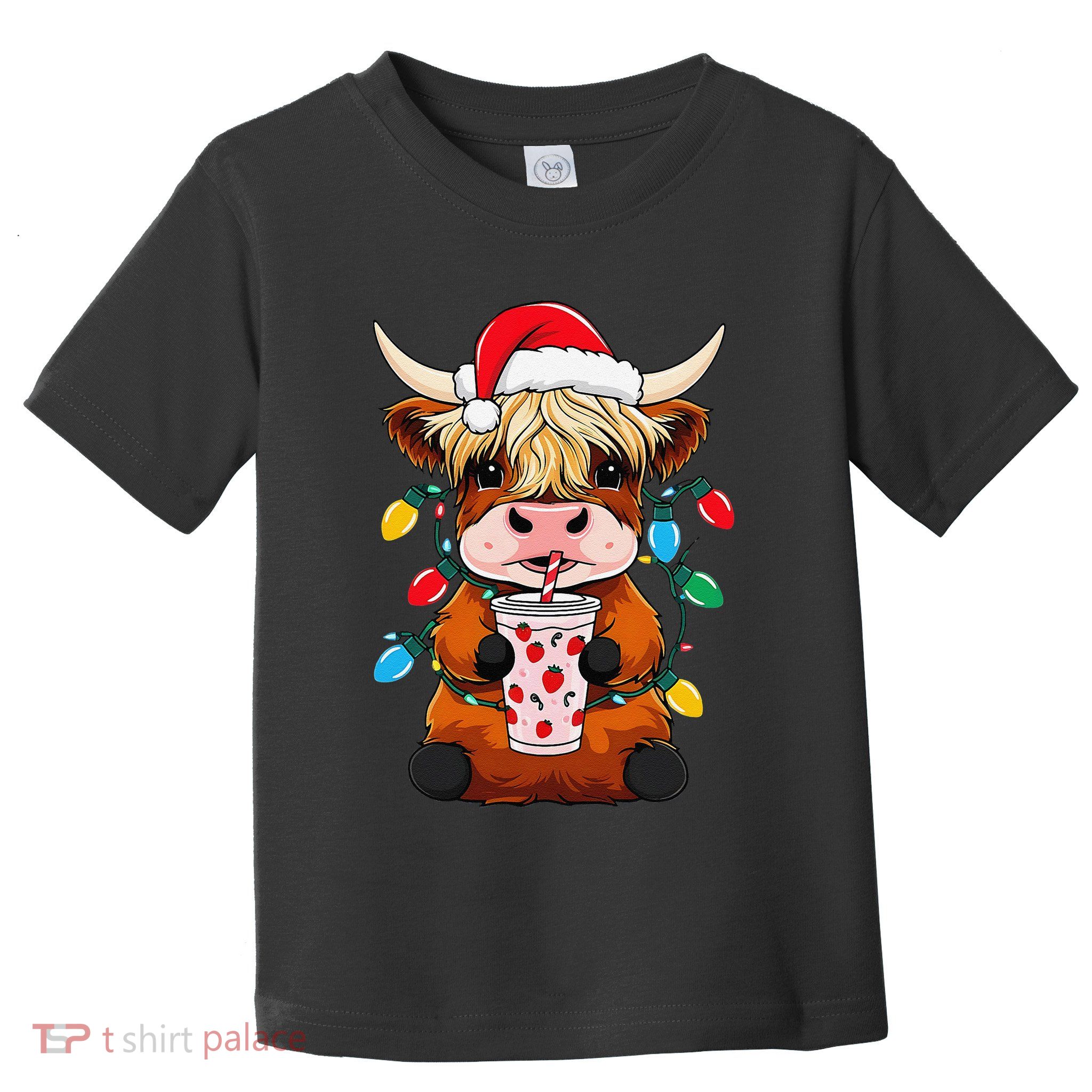 Merry Christmas Scottish Highland Cow Santa Hat Xmas Farm Toddler T-Shirt