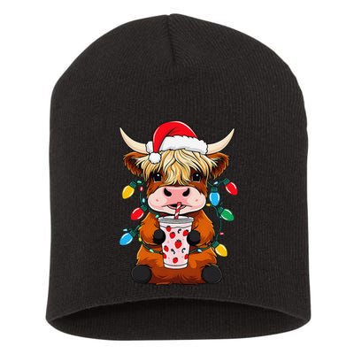 Merry Christmas Scottish Highland Cow Santa Hat Xmas Farm Short Acrylic Beanie