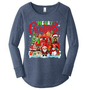 Merry Christmas Santa Elf Yorkshire Terriers On Pickup Truck Gift Women's Perfect Tri Tunic Long Sleeve Shirt