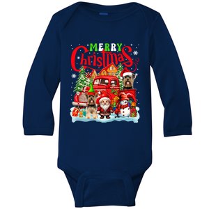 Merry Christmas Santa Elf Yorkshire Terriers On Pickup Truck Gift Baby Long Sleeve Bodysuit