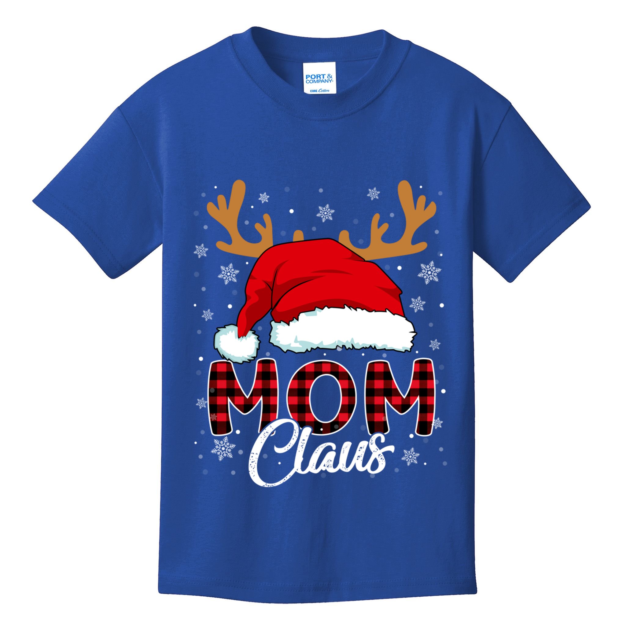 Mom Claus Santa Hat Reindeer Red Plaid Matching Family Xmas Gift Kids T-Shirt