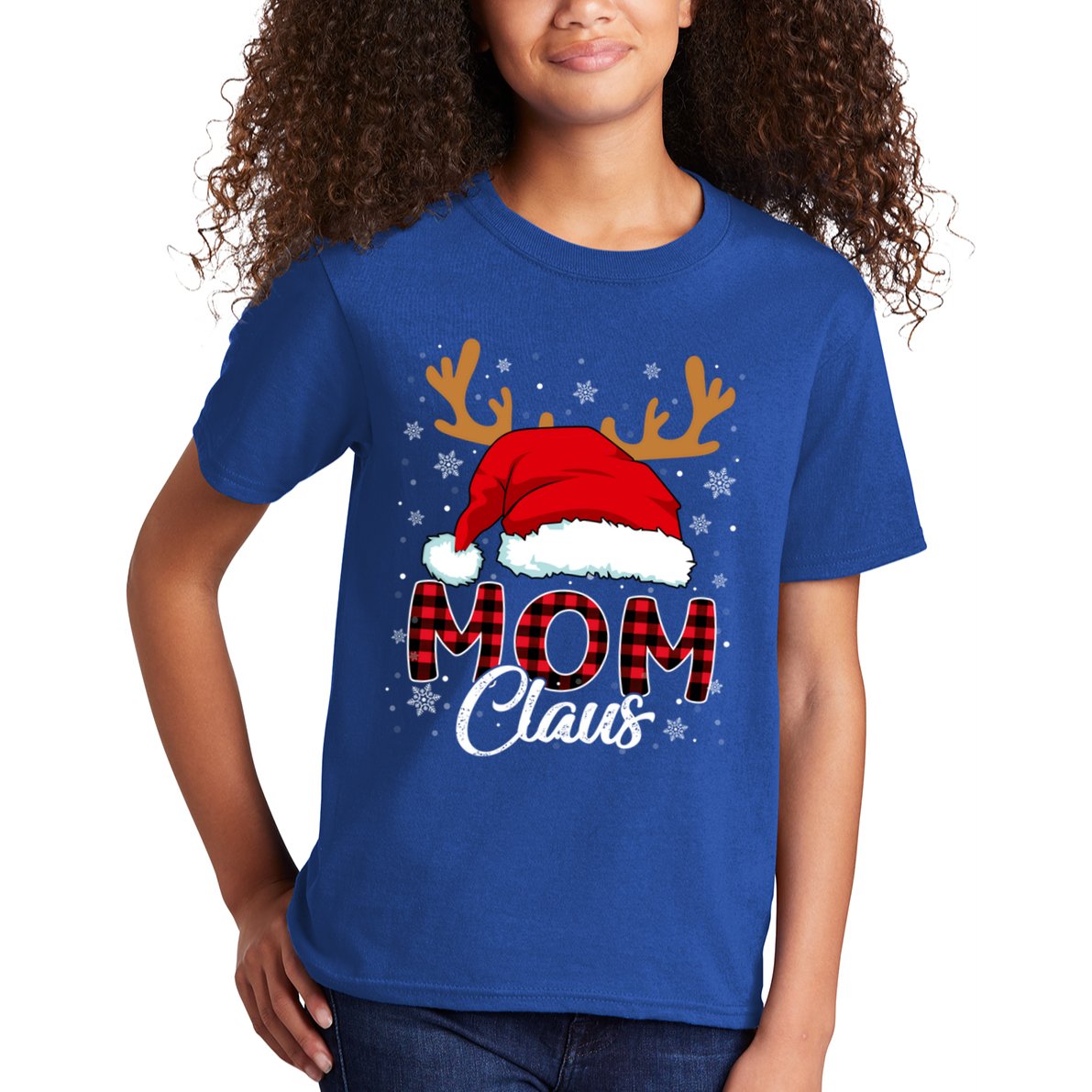 Mom Claus Santa Hat Reindeer Red Plaid Matching Family Xmas Gift Kids T-Shirt
