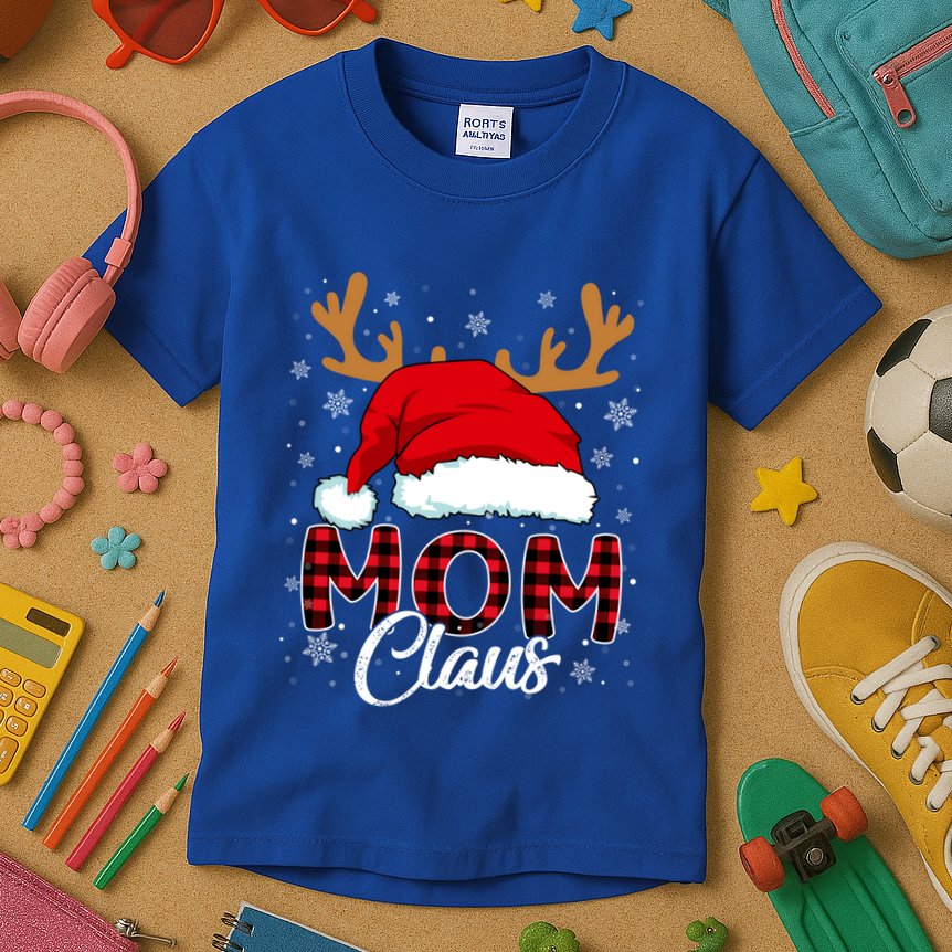 Mom Claus Santa Hat Reindeer Red Plaid Matching Family Xmas Gift Kids T-Shirt