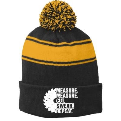 Measure Cut Swear Repeat Idea Handy Man Dad Diy Stripe Pom Pom Beanie